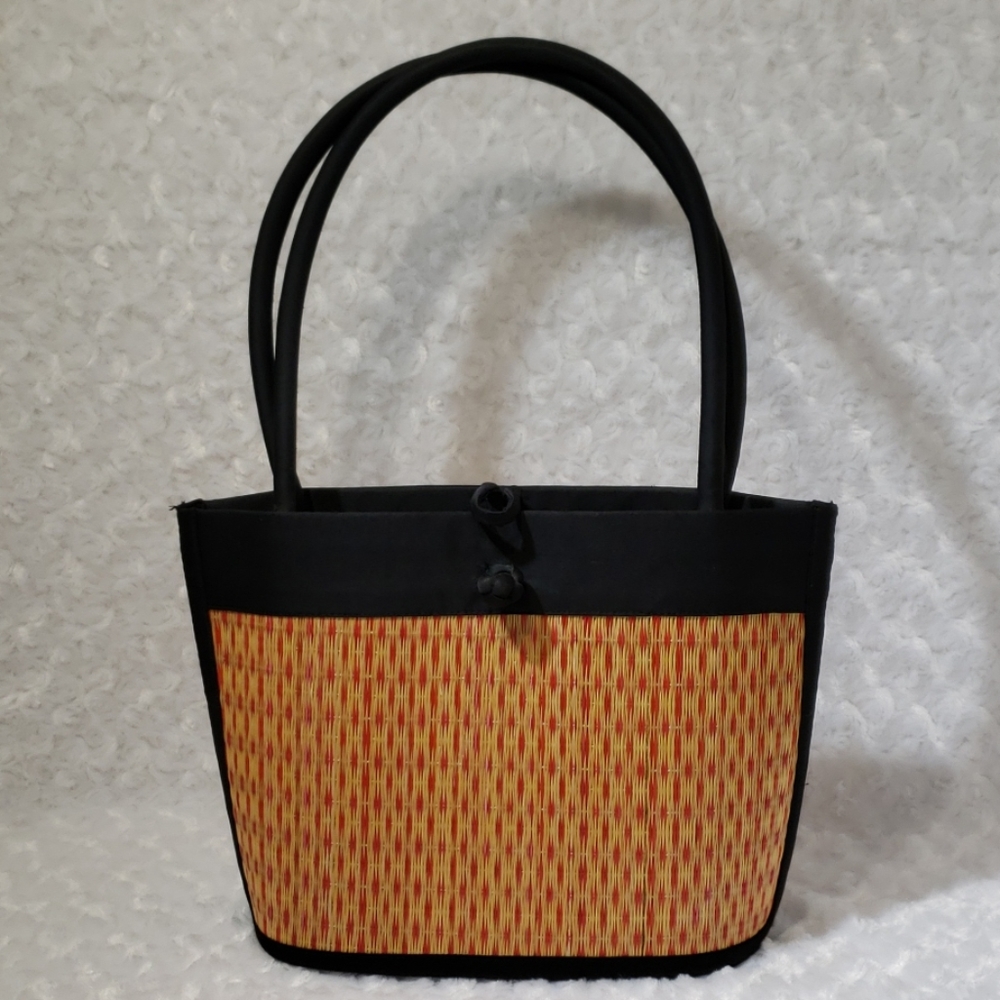 Black Tote Bag with Woven Gold-Red Panel